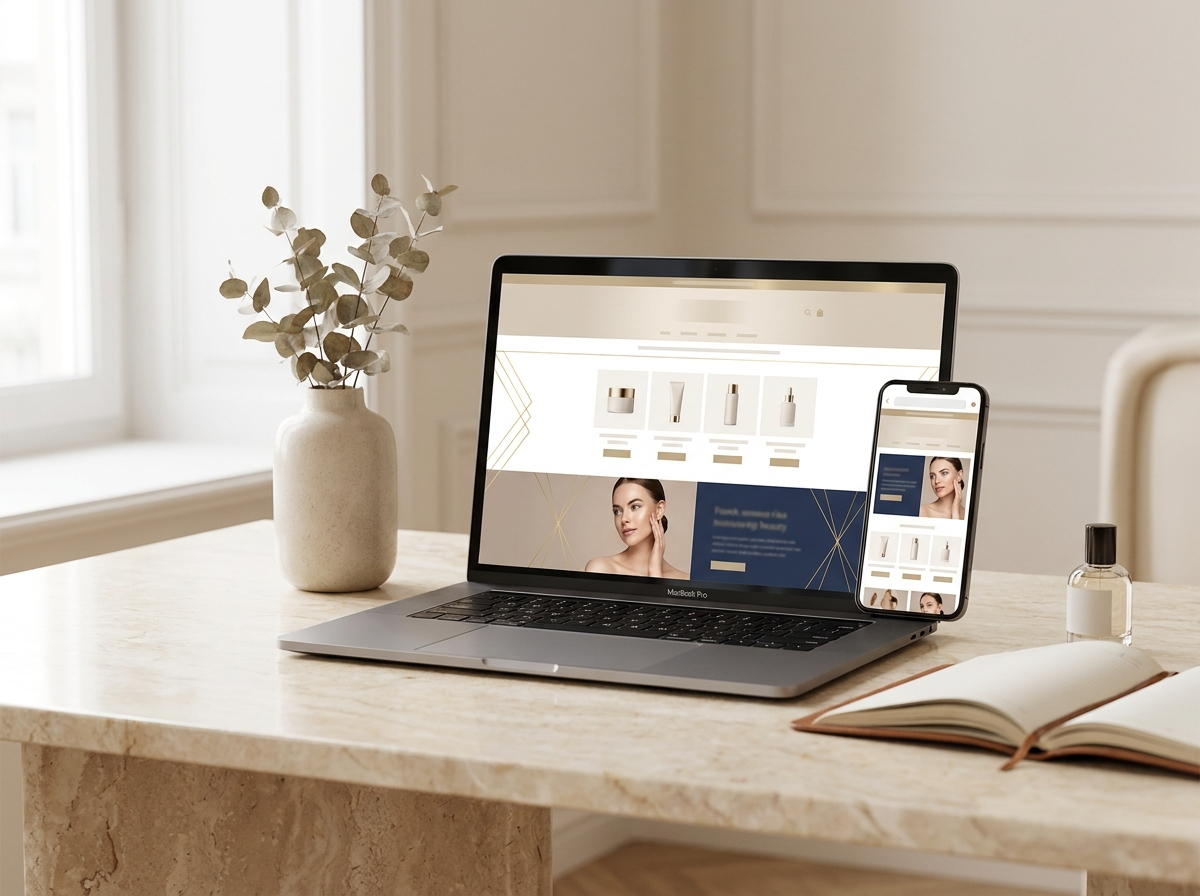 Branded Amazon storefront displayed on laptop and phone